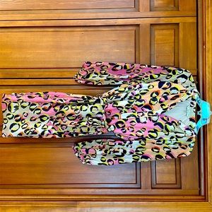 Trina Turk, silk (outside) button down “shirt dress”, with silky tie belt.